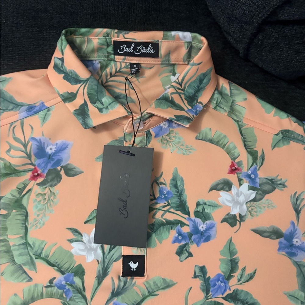 Bad Birdie Mens Golf Polo Shirt Flora Fiesta Floral Short Sleeve Sz S NWT - Picture 2 of 3